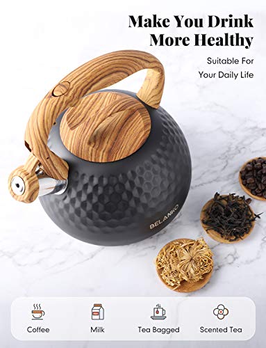 Tea Kettle, 2.7 Quart / 3 Liter BELANKO Stainless Steel Tea Kettles for Stove Top, Food Grade Teapot with Wood Pattern Handle Loud Whistling for Coffee, Milk etc, Gas Electric Applicable - Black