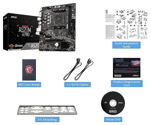 MSI A520M-A PRO Gaming Motherboard (AMD AM4, DDR4, PCIe 3.0, SATA 6Gb/s, M.2, USB 3.2 Gen 1, DVI/HDMI, Micro-ATX)