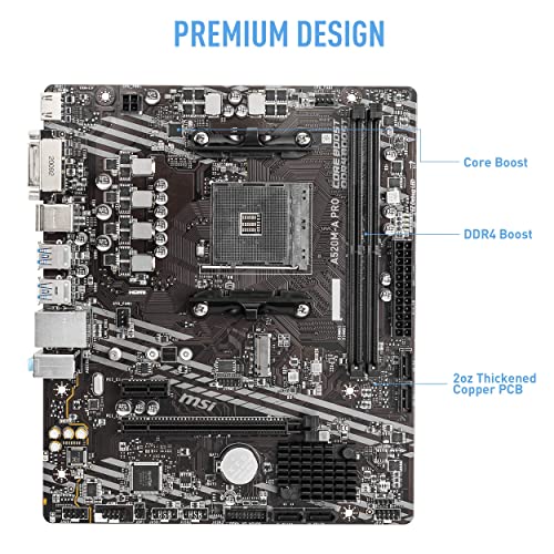 MSI A520M-A PRO Gaming Motherboard (AMD AM4, DDR4, PCIe 3.0, SATA 6Gb/s, M.2, USB 3.2 Gen 1, DVI/HDMI, Micro-ATX)