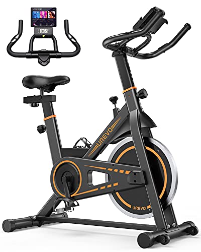 UREVO indoor Cycling Bike, Stationary Exercise Bike 350 lbs Weight Capacity，Ipad Mount, Comfortable Seat Cushion, Silent Belt Drive Cycle Bike for Home Workouts Gym