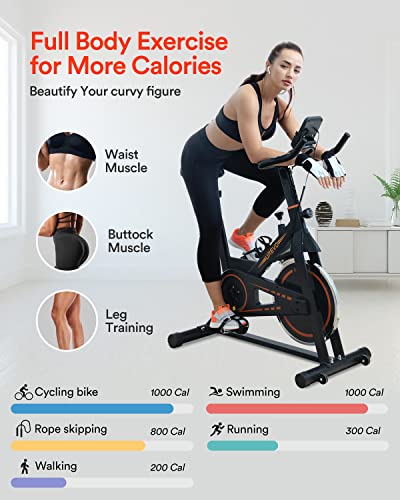 UREVO indoor Cycling Bike, Stationary Exercise Bike 350 lbs Weight Capacity，Ipad Mount, Comfortable Seat Cushion, Silent Belt Drive Cycle Bike for Home Workouts Gym