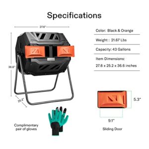 VIVOSUN Outdoor Tumbling Composter Dual Rotating Batch Compost Bin, 43 Gallon Orange Door