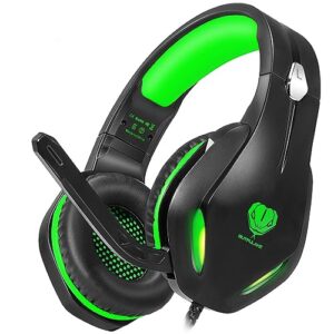 headsets for xbox one, ps4, pc, nintendo switch, mac, gaming headset with stereo surround sound, over ear gaming headphones with noise canceling mic, led light (headsets for xbox/green)