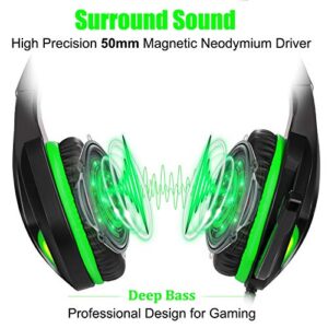 Headsets for Xbox One, PS4, PC, Nintendo Switch, Mac, Gaming Headset with Stereo Surround Sound, Over Ear Gaming Headphones with Noise Canceling Mic, LED Light (Headsets for Xbox/Green)