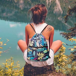 WANDF Drawstring Backpack String Bag Sackpack Cinch Water Resistant Nylon for Gym Shopping Sport Yoga (Blue Leaf.)