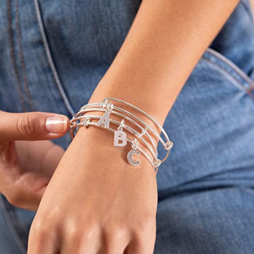 Alex and Ani Expandable Bangle for Women, Initial T Letter Charm, Shiny Silver Finish, 2 to 3.5 in