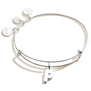 alex and ani expandable bangle for women, initial p letter charm, shiny silver finish, 2 to 3.5 in