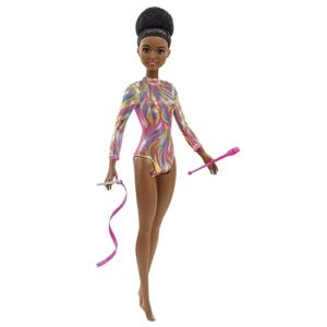 barbie rhythmic gymnast brunette doll (12-in) with colorful metallic leotard, 2 clubs & ribbon accessory, great gift for ages 3 years old & up
