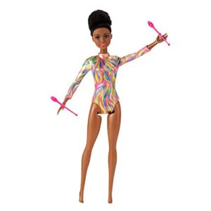 Barbie Rhythmic Gymnast Brunette Doll (12-in) with Colorful Metallic Leotard, 2 Clubs & Ribbon Accessory, Great Gift for Ages 3 Years Old & Up