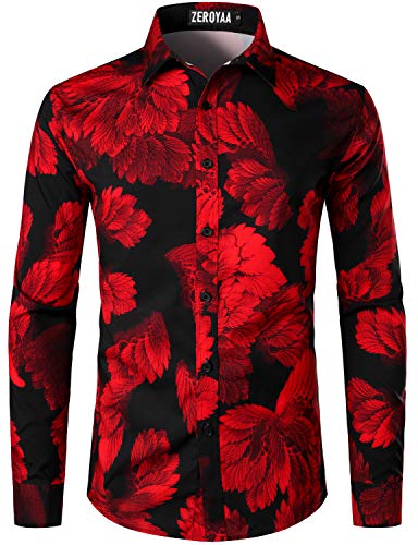 ZEROYAA Men's Hipster Urban Design 3D Printed Slim Fit Long Sleeve Button Up Dress Shirts ZLCL30-Red Large