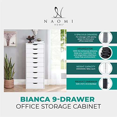 Naomi Home Bianca 9 Drawer Chest, Wood Storage Dresser Cabinet with Wheels, Large Craft Storage Organizer Makeup Drawer Unit for Closet, Bedroom, Office File Cabinet 200 lbs Total Capacity - White