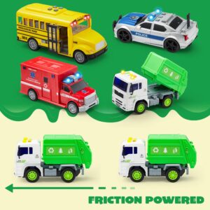 JOYIN 4 Pcs 7" Long Vehicle Toy Set, Toddlers Cars with Lights and Siren Sound, Including Play Police Car, School Bus, Toy Garbage Truck, Ambulance Toy, Birthday Party Gifts Toys for Boys 3-5