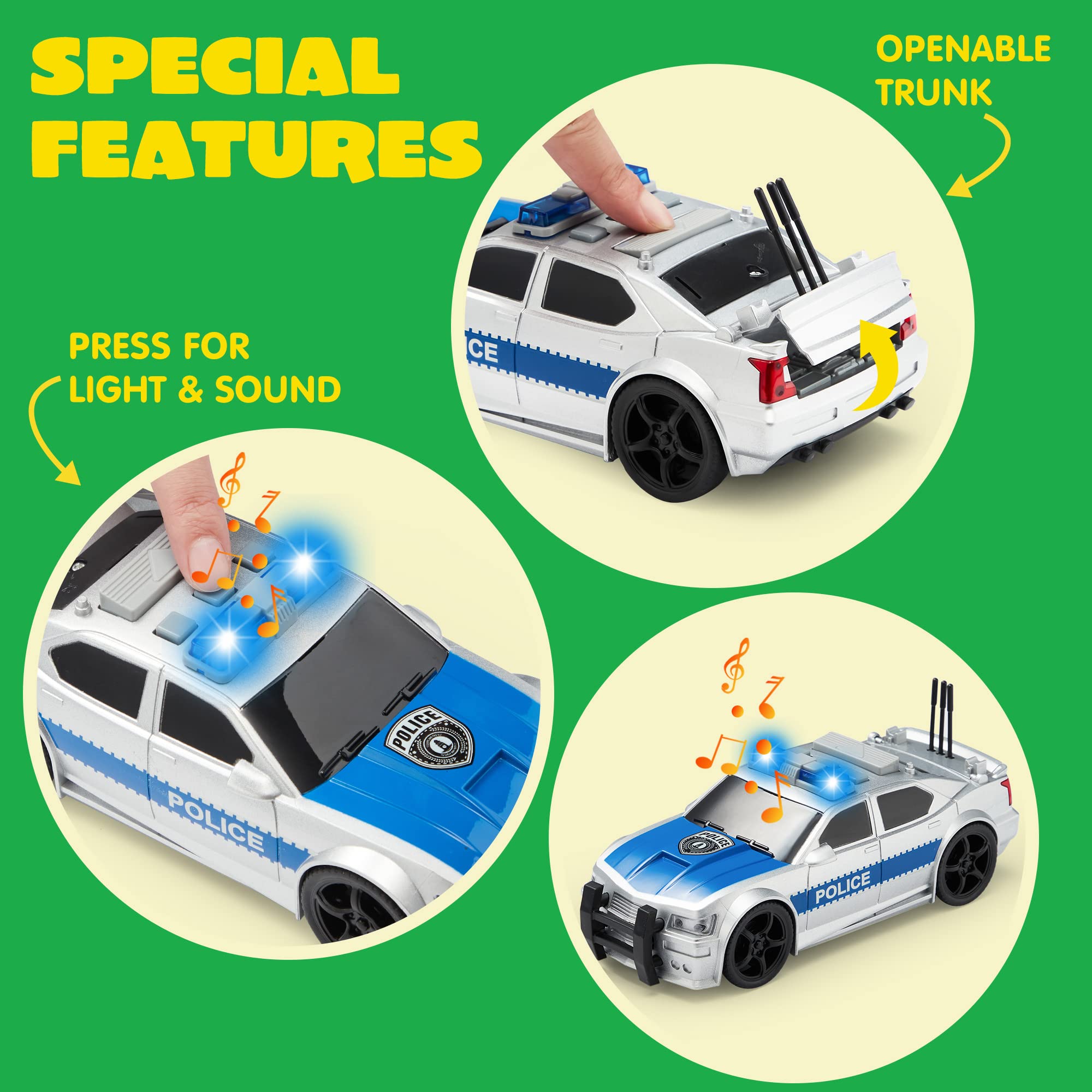 JOYIN 4 Pcs 7" Long Vehicle Toy Set, Toddlers Cars with Lights and Siren Sound, Including Play Police Car, School Bus, Toy Garbage Truck, Ambulance Toy, Birthday Party Gifts Toys for Boys 3-5