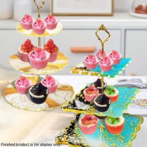 2 Pack 3 Tier Cake Stand Resin Tray Molds, Epoxy Resin Casting Mold with 6Pcs Crown Brackets and 20 Gold Foils, DIY Silicone Mold for Making Cupcake Dessert Platter Serving Stand (Round+Square)