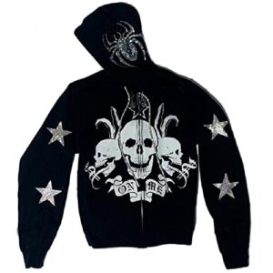 yeou women rhinestone y2k spider skeleton hoodies punk jackets streetwear goth harajuku oversized zip up hoodie (black, l)