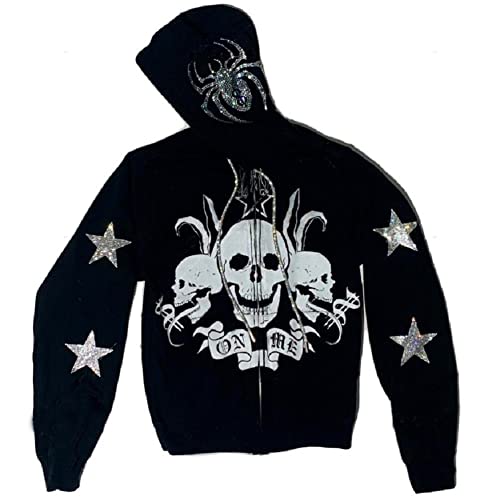 YEOU Women Rhinestone Y2K Spider Skeleton Hoodies Punk Jackets Streetwear Goth Harajuku Oversized Zip Up Hoodie (Black, L)