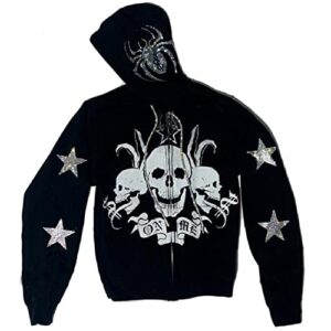 YEOU Women Rhinestone Y2K Spider Skeleton Hoodies Punk Jackets Streetwear Goth Harajuku Oversized Zip Up Hoodie (Black, S)