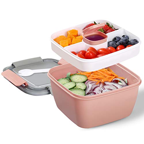 Portable Salad Lunch Container - 38 Oz Salad Bowl - 2 Compartments with Dressing Cup, Large Bento Boxes, Meal Prep to go Containers for Food Fruit Snack