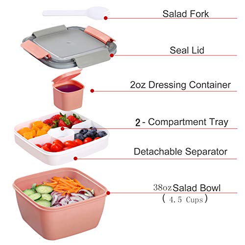 Portable Salad Lunch Container - 38 Oz Salad Bowl - 2 Compartments with Dressing Cup, Large Bento Boxes, Meal Prep to go Containers for Food Fruit Snack