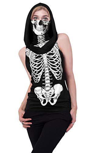 Ainuno Skeleton Shirt Skull Hoodie for Women Teen Girls Funny Halloween Shirts Costume Top with Mask Tshirts White Skeleton Printed Sleeveless Hoodie Pullover Sweatshirt Cute Tee,Skull Skeleton L