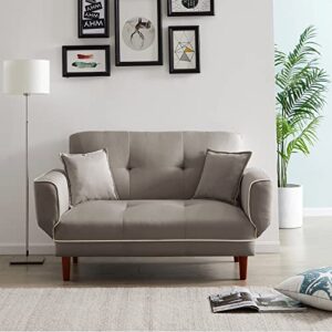 convertible futon sofa bed with 2 pillows, small loveseat sleeper sofa futon couch, recliner couch with adjustable armrest and wood legs, living room sofa with 5-angle backrest for small space (grey)