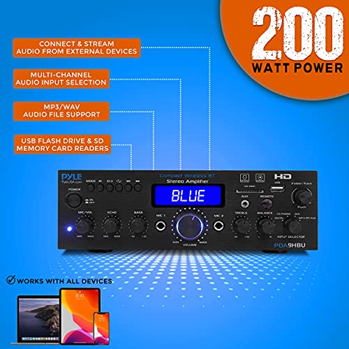 Pyle Wireless Bluetooth Home Stereo Amplifier - Multi-Channel 200 Watt Power Amplifier Home Audio Receiver System w/HDMI, Optical/Phono/Coaxial, FM Radio, USB/SD, AUX, RCA, Mic in - Remote - PDA9HBU