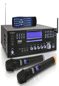 pyle 4-channel karaoke home wireless microphone amplifier - audio stereo receiver system, built-in cd dvd player, dual uhf wireless mic/mp3/usb reader, am/fm radio - pyle pwma5000ba