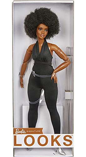 Barbie Signature Looks Doll (Curvy, Brunette) Fully Posable Fashion Doll Wearing Black Jumpsuit, Gift for Collectors