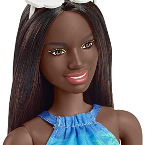 Barbie Loves The Ocean Beach-Themed Doll (11.5-inch Brunette), Made from Recycled Plastics, Wearing Fashion & Accessories, Gift for 3 to 7 Year Olds