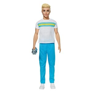barbie ken 60th anniversary doll 2 in throwback workout look with t-shirt, athleisure pants, sneakers & hand weight kids 3 to 8 years old, white