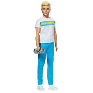 Barbie Ken 60th Anniversary Doll 2 in Throwback Workout Look with T-Shirt, Athleisure Pants, Sneakers & Hand Weight Kids 3 to 8 Years Old, White