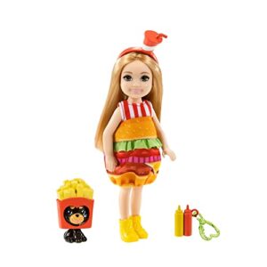 barbie club chelsea dress-up doll (6-inch blonde) in burger costume with pet and accessories, gift for 3 to 7 year olds