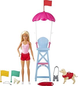 barbie careers doll & playset, lifeguard theme with blonde fashion doll, 1 dog figure, furniture & accessories