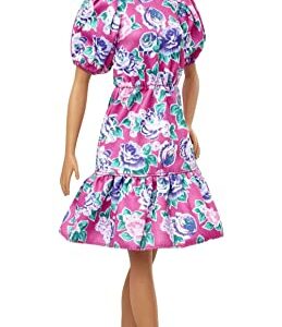 Barbie Fashionistas Doll #150 with No-Hair Look Wearing Pink Floral Dress, White Booties & Earrings, Toy for Kids 3 to 8 Years Old