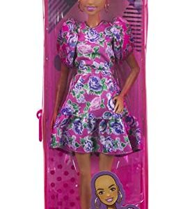 Barbie Fashionistas Doll #150 with No-Hair Look Wearing Pink Floral Dress, White Booties & Earrings, Toy for Kids 3 to 8 Years Old