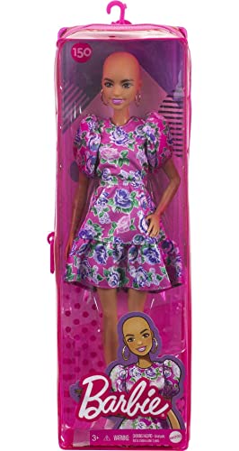 Barbie Fashionistas Doll #150 with No-Hair Look Wearing Pink Floral Dress, White Booties & Earrings, Toy for Kids 3 to 8 Years Old