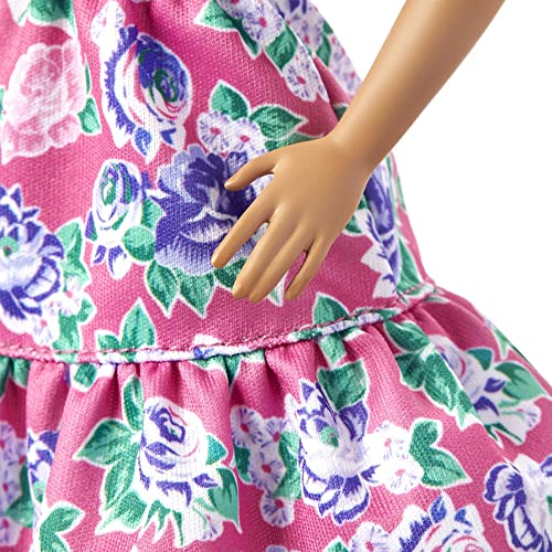 Barbie Fashionistas Doll #150 with No-Hair Look Wearing Pink Floral Dress, White Booties & Earrings, Toy for Kids 3 to 8 Years Old