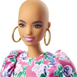 Barbie Fashionistas Doll #150 with No-Hair Look Wearing Pink Floral Dress, White Booties & Earrings, Toy for Kids 3 to 8 Years Old