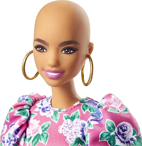 Barbie Fashionistas Doll #150 with No-Hair Look Wearing Pink Floral Dress, White Booties & Earrings, Toy for Kids 3 to 8 Years Old