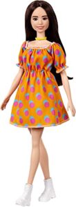 barbie fashionistas doll #160 with long brunette hair wearing patterned orange dress, white shoes & yellow choker, toy for kids 3 to 8 years old