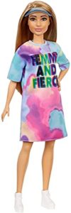 barbie fashionistas doll, petite, with light brown hair wearing tie-dye t-shirt dress, white shoes & visor, toy for kids 3 to 8 years old