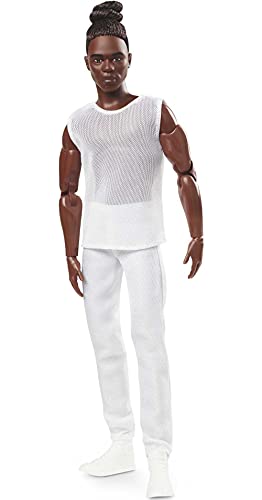 Barbie Signature Looks Ken Doll (Brunette with Braids & Bun Hairstyle) Fully Posable Fashion Doll Wearing White Shirt & Pants, Gift for Collectors