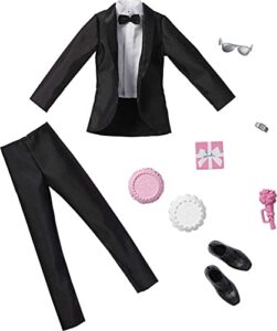 barbie fashion pack: bridal outfit for ken doll with tuxedo, shoes, watch, gift, wedding cake with tray & bouquet, for kids 3 to 8 years old , black