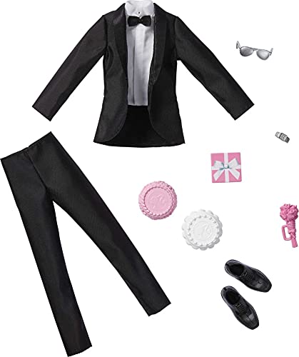 Barbie Fashion Pack: Bridal Outfit for Ken Doll with Tuxedo, Shoes, Watch, Gift, Wedding Cake with Tray & Bouquet, for Kids 3 to 8 Years Old , Black