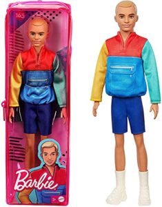 barbie ken fashionistas doll #163, slender with sculpted blonde hair wearing color-blocked jacket-style top, blue shorts & white boots, toy for kids 3 to 8 years old