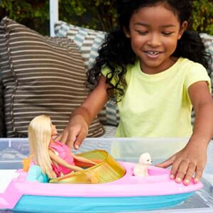 Barbie Doll and Boat Playset with Pet Puppy, Life Vest and Beverage Accessories, Fits 3 Dolls and Floats in Water