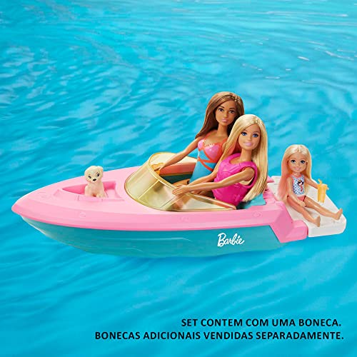 Barbie Doll and Boat Playset with Pet Puppy, Life Vest and Beverage Accessories, Fits 3 Dolls and Floats in Water