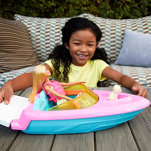 Barbie Doll and Boat Playset with Pet Puppy, Life Vest and Beverage Accessories, Fits 3 Dolls and Floats in Water