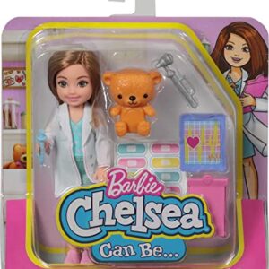 Barbie Chelsea Can Be Playset with Brunette Chelsea Doctor Doll (6-in), Clipboard, EKG Reader, Band-aid Stickers,2 Medical Tools, Teddy Bear, Great Gift for Ages 3 Years Old & Up