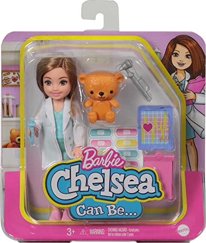 Barbie Chelsea Can Be Playset with Brunette Chelsea Doctor Doll (6-in), Clipboard, EKG Reader, Band-aid Stickers,2 Medical Tools, Teddy Bear, Great Gift for Ages 3 Years Old & Up